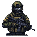 A heavily armored, pixel-art tactical operative stands ready, face concealed behind a helmet and goggles, gripping an assault rifle. The muted color palette and detailed gear create a serious and disciplined image, reminiscent of a modern military professional.