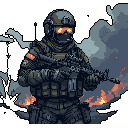 A heavily armed soldier stands ready amidst smoke and fire, their stoic presence and glowing visor creating an intense and ominous scene. This pixel art operative embodies a blend of retro aesthetics and modern tactical gear.