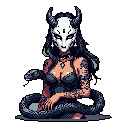 A masked woman with glowing red eyes and intricate tattoos is intimately entwined with a dark, scaled snake. The pixel art evokes a dark fantasy aesthetic, emphasizing her power and enigmatic nature.