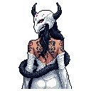 A mysterious figure in a white gown and bone-like mask with glowing red eyes stands with her back to the viewer, adorned with tribal tattoos and entwined with a dark, serpentine creature. The striking design and stark color palette evoke a sense of ancient power and enigmatic beauty.