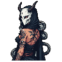 A masked figure with glowing red eyes and demonic horns emerges from the darkness. Adorned with intricate tattoos and serpentine chains, this ominous sorcerer or warrior exudes a mysterious and powerful aura.