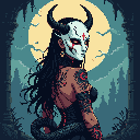 This pixel art depicts a captivating demonic figure with a striking white mask, adorned with red markings and horns, set against a moonlit forest. Her tattooed skin and piercing gaze create a powerful and mysterious presence.