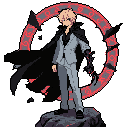 A mysterious, pixel art figure with spiky blonde hair and a gray suit stands against a dark backdrop, wielding a corrupted, black claw arm emanating red sparks. Behind him floats a glowing red halo of runes, adding to the character's powerful and enigmatic aura.