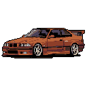 This pixel art image showcases a stylized BMW E36 M3 coupe in earthy orange and brown tones. Presented in a detailed side profile, the iconic car embodies a nostalgic, retro aesthetic.