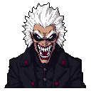 This pixel art portrait depicts a menacing character with wild white hair, glowing red eyes, and a wide, toothy grin revealing sharp fangs. His exaggerated features and intense expression create a mischievous and unsettling vibe.