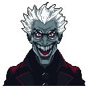 This pixel art portrait captures a menacing villain with a wide, toothy grin and glowing red eyes. His wild white hair and intense expression create an unsettling and theatrical vibe, hinting at madness and danger.