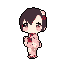 This pixel art depicts a cute, chibi-style girl in a pink and red kimono against a black background. Her demure posture and rosy cheeks evoke a sense of innocence and charm. The warm color palette and simplified design create a nostalgic, game-sprite feel.