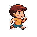A cheerful, pixelated boy sprints with joyful energy in this vibrant character illustration. The warm color palette and dynamic pose create a cute and playful image, focusing on youthful movement.
