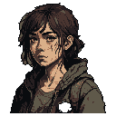 This pixel art portrait captures a young woman's somber expression and resilient spirit. Details like her disheveled hair and subtle facial marks hint at a life marked by hardship. Set against a stark black background, her muted olive-green hooded jacket and thoughtful gaze create a feeling of quiet strength.