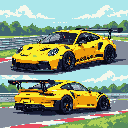 This pixel art showcases a bright yellow Porsche 911 GT3 RS on a racetrack, depicted from both front and rear angles to highlight its aggressive design and racing features. The retro aesthetic captures the speed and precision of motorsport in a nostalgic, blocky style.