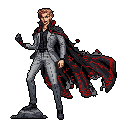 A confident, yet menacing figure in a grey suit and flowing cape, stands poised with an intense gaze. The pixel art character's dramatic cape, accented with striking red, adds to the aura of dark power.