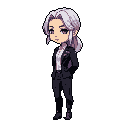 This pixel art depicts a cool and composed chibi character with lavender hair, dressed in a dark suit with a subtly confident smirk. The stylized sprite exudes quiet elegance and modern professionalism.