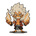 This pixel art depicts a powerful, Gear 5 Luffy-esque character, fists ablaze and ready for action. With a mischievous grin and wild white hair, he embodies joyful ferocity in a retro-style design.