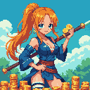 Pixel art Nami (from One Piece) strikes a confident pose, staff in hand, amidst stacks of golden coins. Her vibrant design and inviting expression capture her adventurous and bold spirit.