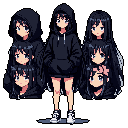 This pixel art showcases a girl in an oversized hoodie, surrounded by close-up expressions that hint at her different moods and a subtle character study. The muted color palette and relaxed posture create a calm, introspective vibe.