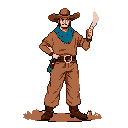 A pixelated cowboy figure, rendered in a retro 8-bit style, stands stoically against a black backdrop. He holds what appears to be a map or torn document, hinting at a Wild West adventure.
