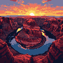 This pixel art image captures the majestic beauty of Horseshoe Bend at sunset, showcasing the vibrant colors of the canyon and river under a fiery sky.