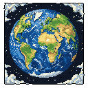 This pixel art showcases a vibrant, stylized Earth from space, complete with swirling clouds and detailed continents. Suspended against a starry dark blue backdrop, the image evokes a sense of awe and wonder at our planet's beauty.