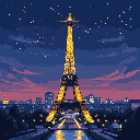 This pixel art showcases a glowing, golden Eiffel Tower at night, its illuminated silhouette radiating against a backdrop of stars and a softly lit cityscape.