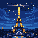 This pixel art captures a magical nighttime view of the illuminated Eiffel Tower, its golden lights reflected in the serene waters below. The iconic landmark stands majestically against a deep indigo sky speckled with stars. The scene evokes a sense of romantic Parisian tranquility.
