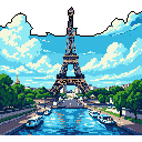 This pixel art image captures the iconic Eiffel Tower rising majestically against a bright Parisian sky. The charming, retro style showcases the landmark's grandeur with detailed pixelation, evoking a peaceful and nostalgic feeling.