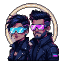 This pixel art portrait features a cool, futuristic couple with cybernetic glasses and stylish leather jackets, set against a glowing halo and stark black background. Their confident expressions and synthwave color palette evoke a blend of retro and cyberpunk aesthetics.