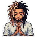 This pixel art portrait captures a man in peaceful contemplation, hands pressed together in prayer. His unique style features striking two-toned dreadlocks and intricate tattoos, creating a compelling blend of serenity and edgy aesthetics against a stark background.