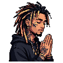 A pixel art portrait captures a modern character with dreadlocks and intricate tattoos in a moment of quiet prayer, his golden jewelry accents adding a touch of warmth to his contemplative pose.
