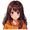 This pixel art portrait captures a cute, anime-inspired young woman with large, expressive eyes and flowing brown hair. She wears an orange hoodie and possesses a gentle demeanor, all rendered in a warm and inviting color palette.