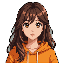 This pixel art portrait features a young woman with flowing brown hair and expressive eyes, wearing a cozy orange hoodie. Her slightly tilted head and gentle gaze evoke a sense of quiet introspection, reminiscent of a character from a visual novel.