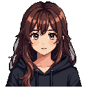 This pixel art portrait captures a young woman with wavy brown hair in a moment of quiet contemplation. Her subtle expression, highlighted by warm tones and a dark hoodie, evokes a sense of gentle uncertainty. The black background focuses all attention on her captivating features.
