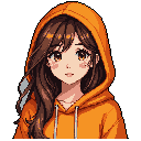 This pixel art portrait showcases a cute, contemplative young woman with large, expressive eyes, wearing a bright orange hoodie. The anime-inspired style and soft coloring create a gentle and nostalgic vibe.