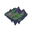 A whimsical, floating pixel art island features lush forests, vibrant pink flora, and winding paths, reminiscent of a classic adventure game level selection screen.