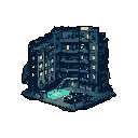 This pixel art depicts a decaying, multi-story apartment building, its derelict state and glowing aqua puddle hinting at a forgotten and potentially hazardous world. The dark, desaturated palette and broken windows create a somber and mysterious atmosphere around the abandoned structure.