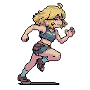 This pixel art depicts a determined woman mid-run, her windswept blonde bob and athletic wear conveying energy and focus. The character's dynamic pose and muted color palette create a classic, nostalgic feel.