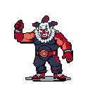 This pixel art features a menacing, muscular clown-like figure with a snarling expression and aggressive stance, creating an unsettling and powerful presence. The bold red and blue color scheme emphasizes its sinister vibe.