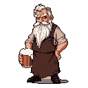 This pixel art depicts a stout, stern-looking character, possibly a dwarf or burly man, holding a frothy tankard of beer. His rugged appearance, complete with a voluminous white beard, suggests a seasoned individual with a no-nonsense attitude.
