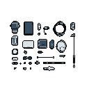 This pixel art showcases fragmented, abstract shapes in shades of blue and gray, suggestive of UI elements or game assets. Against a stark black background, these minimalist forms evoke a sense of digital design and hidden complexity. The image's clean aesthetic hints at a larger, unseen purpose.