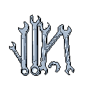 This pixel art showcases a collection of five metallic wrenches in varying sizes, rendered in a monochromatic palette against a stark black backdrop. The simple arrangement and limited color scheme evoke a sense of utilitarian functionality and retro charm.