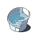 This pixel art image features an isometric view of a white bucket partially filled with rippling blue-grey water, a study in minimalist utility. The simple subject and muted colors evoke a sense of quiet observation.