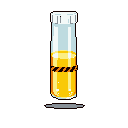 A pixel art test tube glows with a vibrant yellow liquid, marked with hazard stripes, suggesting a potent substance. The stark black background amplifies the clinical yet intriguing nature of this single, sealed vial.