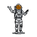 A pixelated astronaut stands in the void with a curious shrug, holding an unknown object while gazing through an orange visor. The retro-futuristic design and muted color palette create a sense of playful bewilderment in the vastness of space.