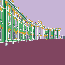 This pixel art depicts a majestic, mint-green palace rendered in isometric perspective. The ornate building, complete with detailed columns and decorative elements, evokes a sense of historical grandeur against a solid lavender sky.