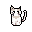 This pixel art depicts a stylized cat with a muted color palette, featuring a mix of white, beige, and grey-purple patches against a stark black backdrop. The wide-eyed expression gives the blocky feline a touch of innocent curiosity.