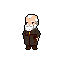 This pixel art image presents a contemplative elderly man in a classic game sprite style, his muted colors and simple features conveying wisdom and a touch of weariness. Clad in earth-toned robes, the character stands alone, a nostalgic figure against a stark black backdrop.