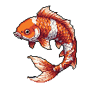 This pixel art image showcases a beautifully detailed Koi fish, its vibrant orange and white scales brought to life with careful shading. The fish's graceful pose against a stark black background evokes a sense of serene movement and elegance.