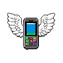 A vintage mobile phone sprouts angelic wings, taking flight in this whimsical pixel art piece. The stark contrast and vibrant colors highlight the retro device's unexpected transformation.