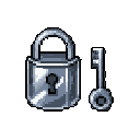 A pixelated padlock and key, rendered in grayscale against a black background, evoke a classic video game aesthetic and a sense of security. The key stands ready to unlock the larger padlock, hinting at potential access.