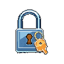 A stylized pixel art image features a blue-grey padlock and a golden key poised near its keyhole, set against a stark black background. The composition evokes themes of security, access, or a waiting puzzle.