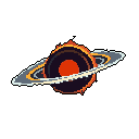 This pixel art image depicts a stylized black hole or ringed planet with a glowing orange core and swirling, colorful rings, creating a sense of cosmic awe and immense power against the vast emptiness of space. The dynamic composition and contrasting colors highlight the intense energy and mystery of this celestial phenomenon.